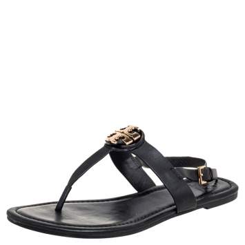 Pre Owned Tory Burch Black Leather Logo Claire Thong Flats Size 38