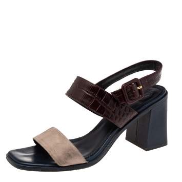 Pre Owned Tory Burch Tricolor Croc Embossed Leather  And Suede  Slingback Block Heel  Sandals Size 38.5