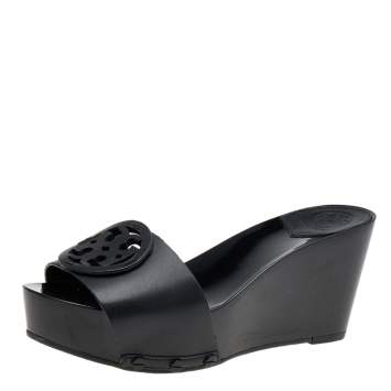 Pre Owned  Tory Burch Black Leather Logo Wedge Slide Sandals Size 36