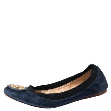 Pre Owned Tory Burch Navy Blue Suede Minnie Scrunch Ballet Flats Size 39