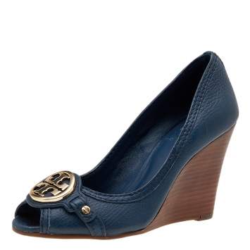 Pre Owned Tory Burch Blue Leather Leticia Wedge Pumps Size 36