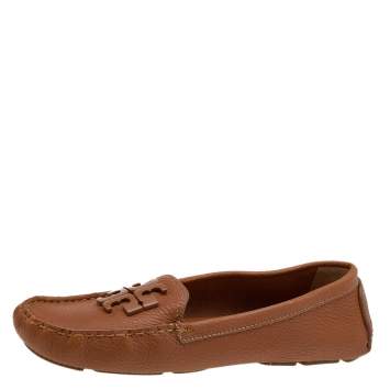 Pre Owned Tory Burch Brown Leather Slip On Loafers Size 38.5