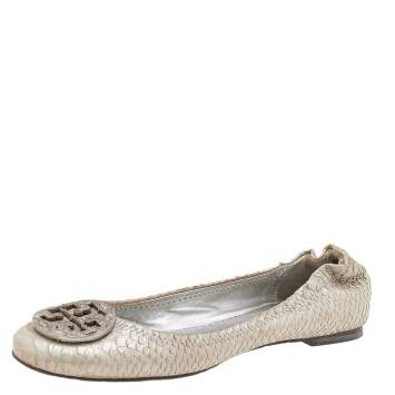 Pre Owned Tory Burch Silver Python Embossed Leather Reva Ballet Flats Size 38.5