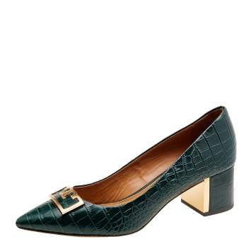Pre Owned Tory Burch Green Croc Embossed Leather Embellished Block Heel Pumps Size 38.5