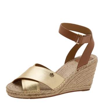 Pre Owned Tory Burch Gold/Brown Leather Bima Espadrille Wedge Sandals Size 40