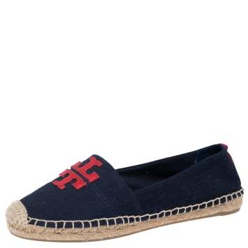 Pre Owned Tory Burch Navy Blue/Red Canvas and Leather Weston Flat Espadrilles Size 38