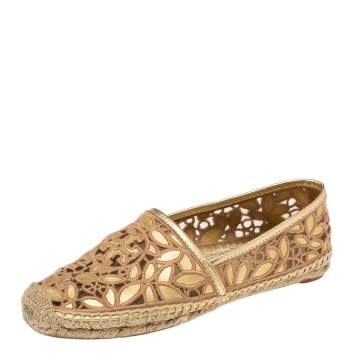 Pre Owned Tory Burch Gold/Beige Leather And Canvas Espadrille Flats Size 37.5