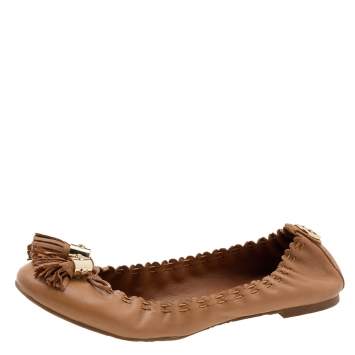Pre Owned Tory Burch Brown Leather Reva Scrunch Ballet Flats Size 37.5