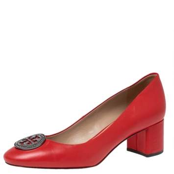 Pre Owned Tory Burch Red  Leather Embellished Block Heel Pumps Size 38