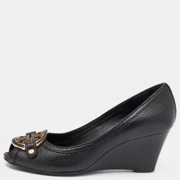 Pre Owned Tory Burch Black Leather Amanda Peep Toe Wedge Pumps Size 37.5