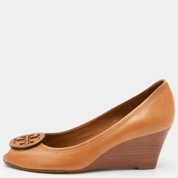Pre Owned Tory Burch Tan Leather Sally Peep Toe Wedge Pumps Size 38