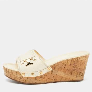 Pre Owned Tory Burch Cream Leather Cork Wedge Slide Sandals Size 37