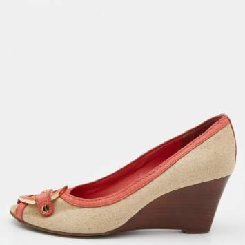 Pre Owned Tory Burch Coral Orange/Beige Leather and Canvas Amanda Peep Toe Wedge Pumps Size 37.5
