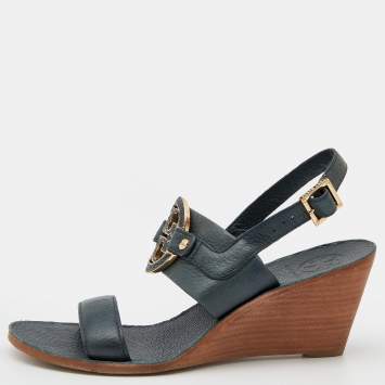 Pre Owned Tory Burch Dark Green Leather Miller Metal Logo Wedge Sandals Size 37.5