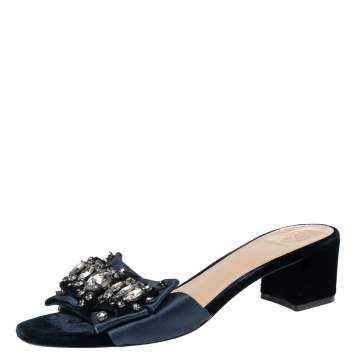 Pre Owned Tory Burch Navy Blue Satin Embellished  Slide Sandals Size 38   