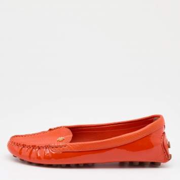 Pre Owned Tory Burch Orange Patent And Leather Slip On Loafers Size 36.5