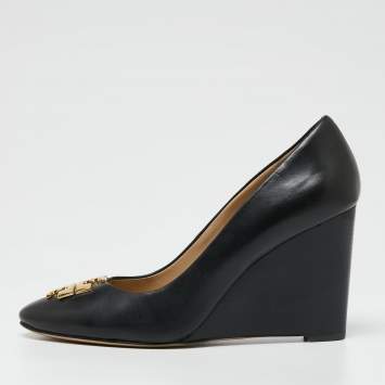 Pre Owned Tory Burch Black Leather Raleigh Wedge Pumps Size 37.5