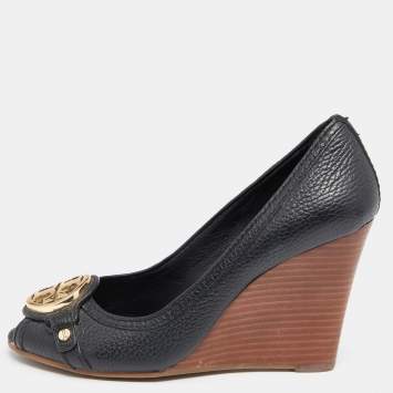 Pre Owned Tory Burch Black Leather Leticia Wedge Peep Toe Pumps Size 35.5