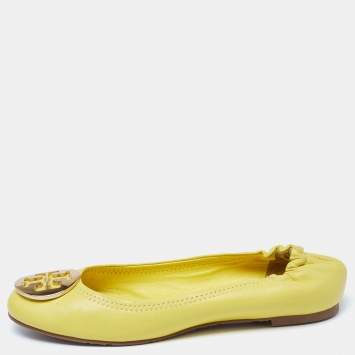 Pre Owned Tory Burch Yellow Leather Scrunch Ballet Flats Size 38