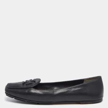 Pre Owned Tory Burch Black Leather Ruby Quilted Logo Ballet Flats Size 39