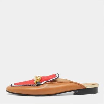 Pre Owned Tory Burch Brown/Red Knit Fabric And Leather Mules Size 36.5
