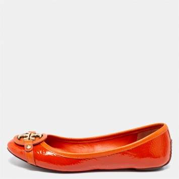 مملوكة مسبقًا Tory Burch Orange Patent Leather Aaden Ballet Flats Size 37.5