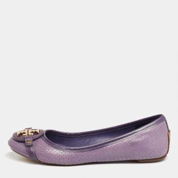 Pre Owned Tory Burch Purple Snakeskin Embossed Leather Aaden Ballet Flats Size 37.5