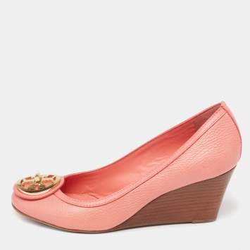 Pre Owned Tory Burch Salmon Pink Leather Selma Wedge Pumps Size 39