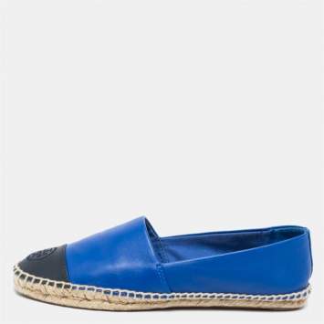 Pre Owned Tory Burch Royal Blue/Black Leather Flat Espadrilles Size 39.5