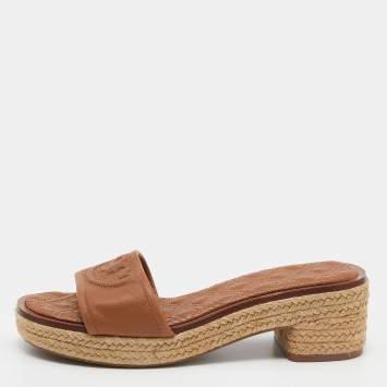 Pre Owned Tory Burch Brown Leather Fleming Espadrille Slides Size 37
