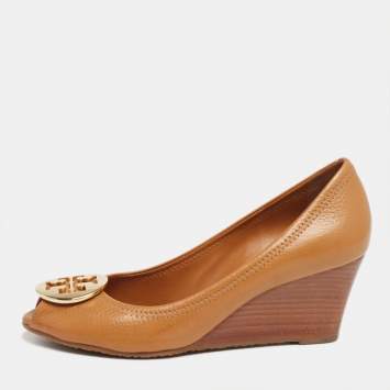 Pre Owned Tory Burch Brown Leather Julianne Wedge Peep-Toe Pumps Size 38