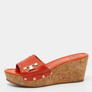 Pre Owned Tory Burch Orange Leather Cork Wedge Platform Slide Sandals Size 38.5