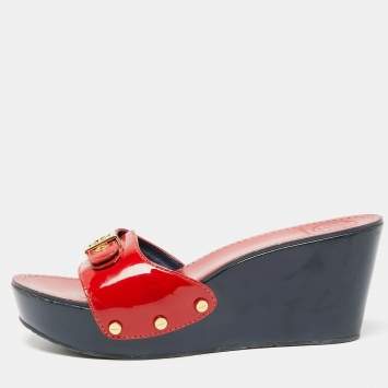 Pre Owned Tory Burch Red Patent Leather  Wedge Slide Sandals Size 38