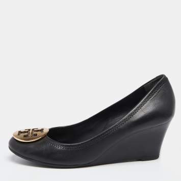 Pre Owned Tory Burch Black Leather Sophie Embellished Wedge Pumps Size 39