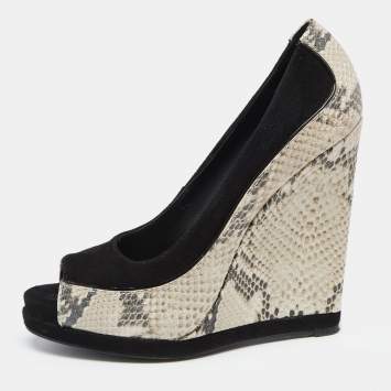 Pre Owned Tory Burch Black/Grey Suede and Python Embossed Leather Sandra Wedge Peep Toe Pumps Size 37.5