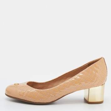 Pre Owned Tory Burch Beige Patent Quilted Leather Round Toe Block Heel Pumps Size 36