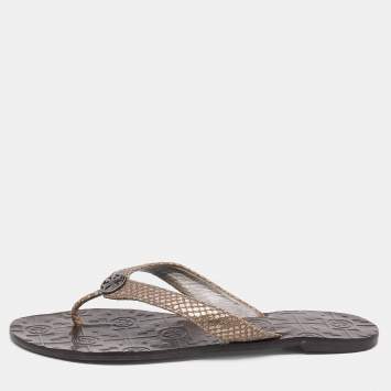 Pre Owned Tory Burch Metallic Brown Snakeskin Embossed Leather Miller Thong Flats Size 39