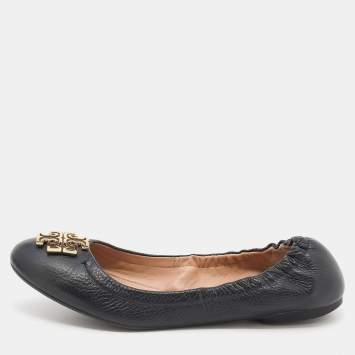 Pre Owned Tory Burch Black Leather Minnie Scrunch Ballet Flats Size 37