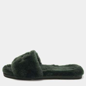 Pre Owned Tory Burch Green Shearling Double T Fluffy Flat Slides Size 38