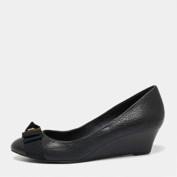Pre Owned Tory Burch Black Leather Bow Detail Trudy Round Toe Wedge Pumps Size 37.5