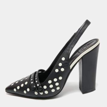 Pre Owned Tory Burch Black/White Polka Dot Leather Kay Slingback Sandals Size 37.5