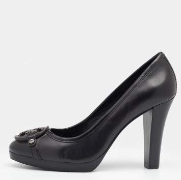 Pre Owned Tory Burch Black Leather Calista Logo Embellished Pumps Size 38.5
