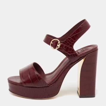 Pre Owned Tory Burch Burgundy Croc Embossed Leather Martine Platform Ankle Strap Sandals Size 37.5