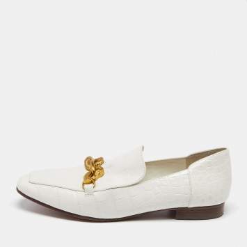 Pre Owned Tory Burch White Croc Embossed Leather Jessa Loafers Size 38
