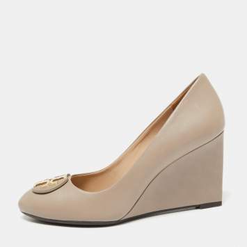 Pre Owned Tory Burch Beige Leather Luna Wedge Pumps Size 37