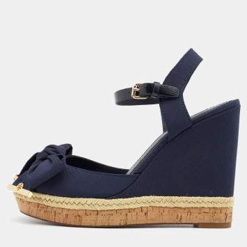 Pre Owned  Tory Burch Blue Fabric And Leather Espadrille Wedge Ankle Strap Sandals Size 37.5
