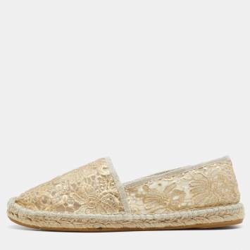 Pre Owned Tory Burch Beige/Gold Lace and Mesh  Espadrille Flats Size 39