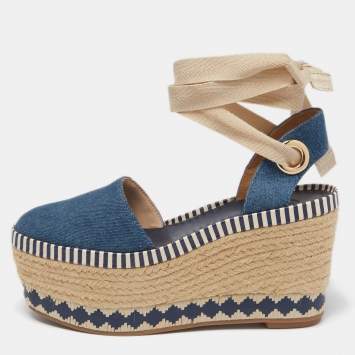 Pre Owned Tory Burch Blue Denim Dandy Ankle Wrap Espadrille Wedge Sandals Size 35.5 