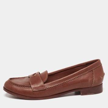Pre Owned Tory Burch Brown Leather Slip On Loafers Size 37.5