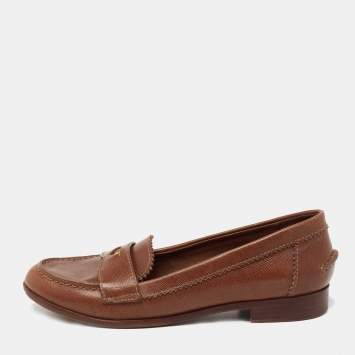 Pre Owned Tory Burch Brown Leather Slip On Loafers Size 38